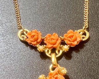 Vintage Celluloid Coral Flowers Goldtone  Necklace Choker