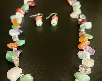 Vintage Semi-Precious Stones Necklace Earrings Set Sterling Silver Toggle Earwires