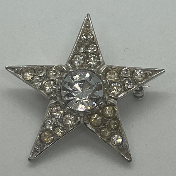 LEDO Signed Silvertone STAR Rhinestone Brooch Pin