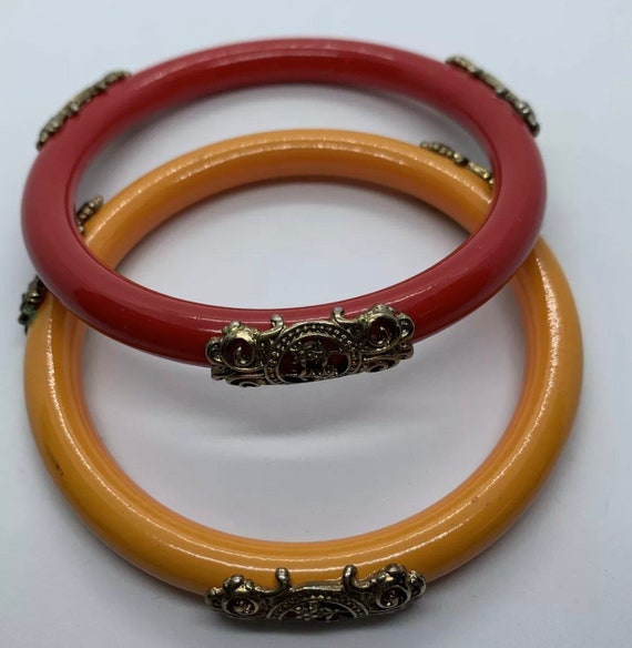 Vintage Art Deco Tangerine Rosy Red Bangles Chines