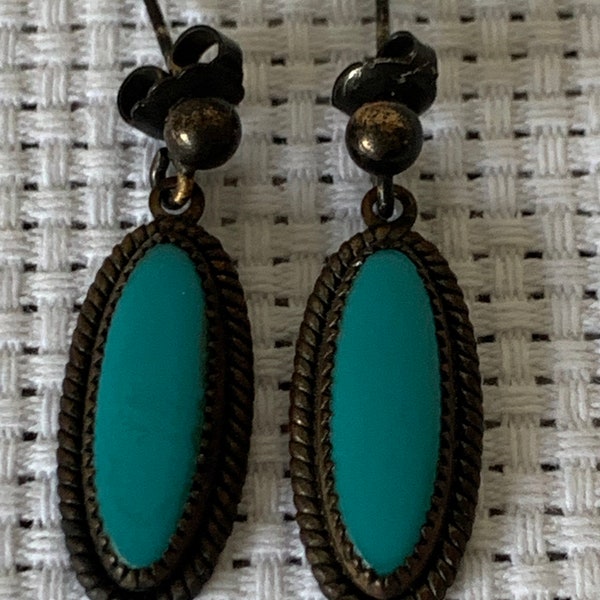 Vintage WM CO. Signed Copper Turquoise Oval Framed Dangle Earrings Pierced Ears