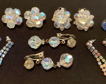 Vintage Rhinestone Glass Faceted AB Pierced Clip On Variety Earring Lot