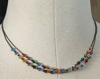 Vintage LIZ HENRY Glass AB Beaded Bicone Liquid Silver Double Strand Necklace Choker
