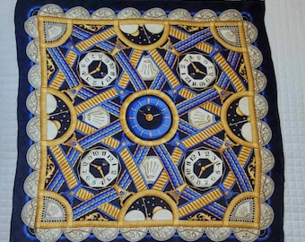 RARE Vintage Rolex of Geneva Italian Silk Scarf Watches Timepieces Blues Gold