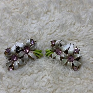 Vintage Enamel Rhinestone White Green Pink Flower Clip On Earrings image 2