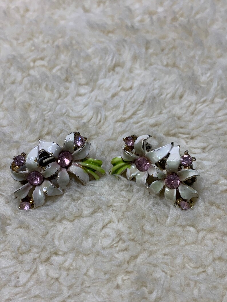 Vintage Enamel Rhinestone White Green Pink Flower Clip On Earrings image 2