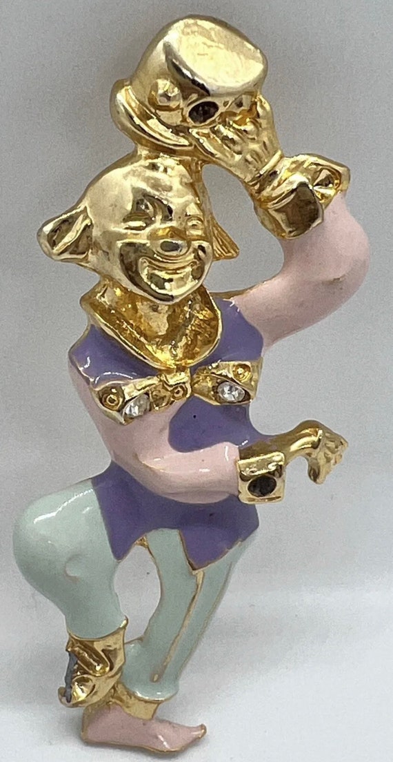 Vintage Enamel Pastels Goldtone Dancing Clown Bro… - image 3