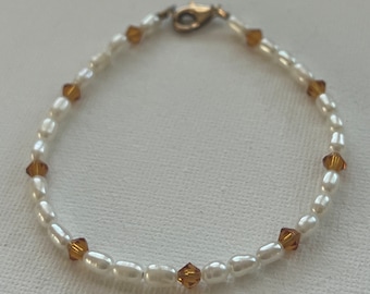 Vintage Goldfilled Clasp Genuine Pearls Glass Bead Yellow Orange Bicone Bead Bracelet