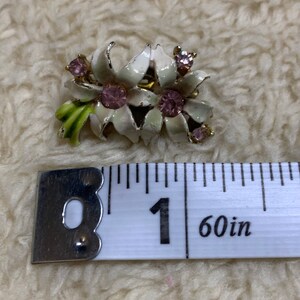 Vintage Enamel Rhinestone White Green Pink Flower Clip On Earrings image 3