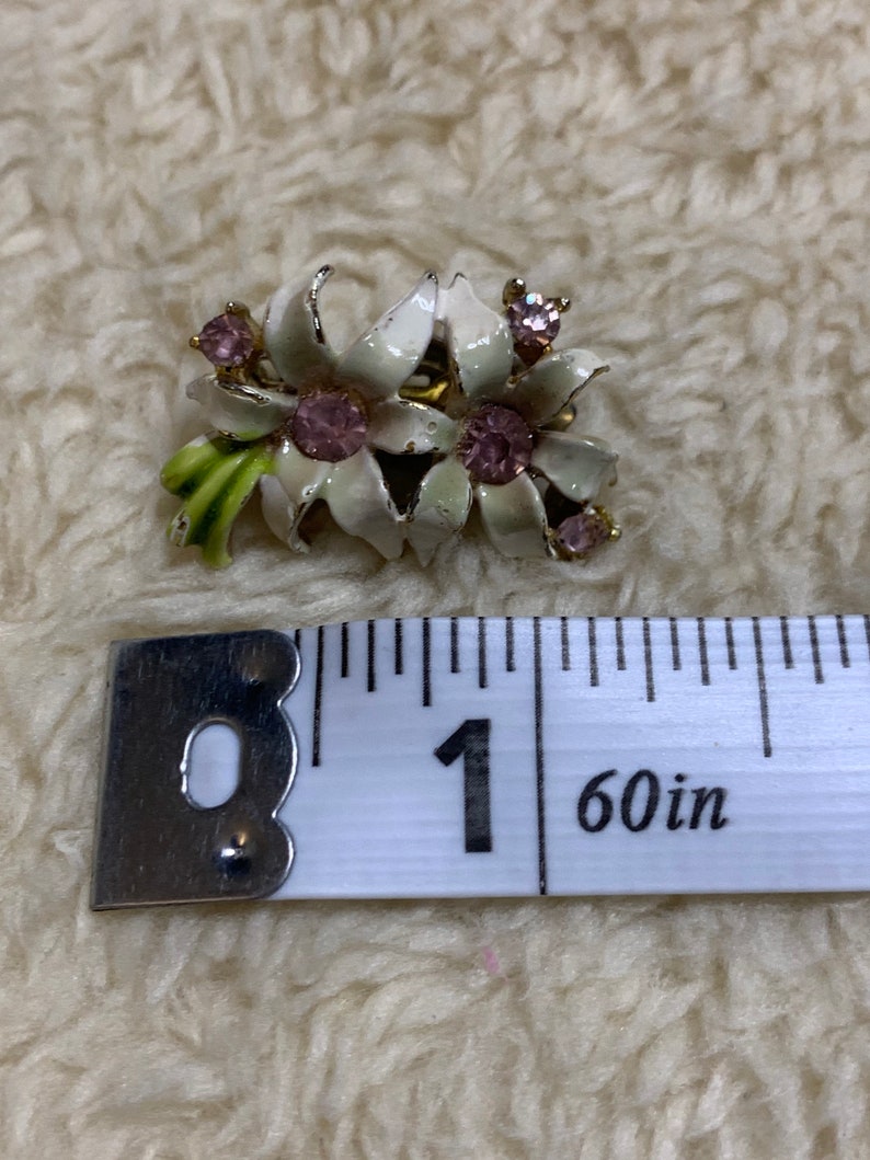 Vintage Enamel Rhinestone White Green Pink Flower Clip On Earrings image 3