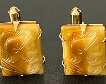 RARE Hickok signed Roman Soldier Gladiator Stone Carved Cuff Links