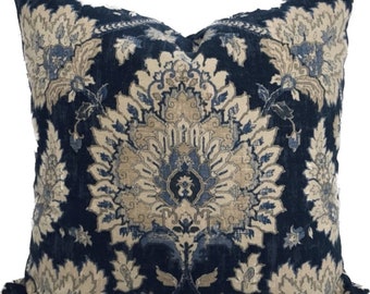 Jacobean Indigo blue pillow cover, Waverly Castleford, same fabric on both sides