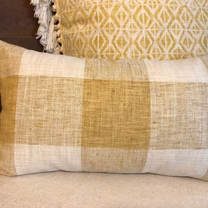 Pkaufmann golden yellow check pillow cover, invisible zipper closure, French country, farmhouse, French farmhouse, invisible zipper closure