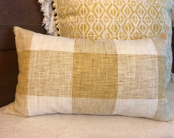 Pkaufmann golden yellow check pillow cover, invisible zipper closure, French country, farmhouse, French farmhouse, invisible zipper closure