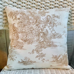 Italian toile pillow cover, light brown toile du Joy, Toile or ticking on back, French country, cottage, farmhouse