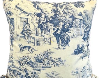 Blue Toile Pillow Cover, Stof France Festin Bleu, French Country Decor