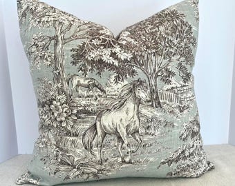 Horse toile pillow cover in Dove Gray Blue, Covington Yellowstone, square or lumbar sizes