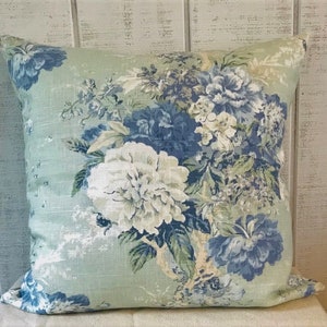16x16, 18x18 Waverly Ballad Bouquet pillow cover, light green with blue flowers, cottage, French country
