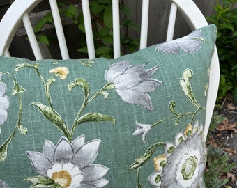 20x20 linen blend green pillow cover, P kaufman Roundelay floral suzanni , ready to ship