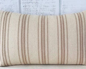 Tan Grain sack  pillow cover, 12 stripe, farmhouse, French country, cottage
