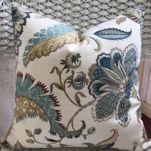 Pillow cover French blue  P Kaufman Finders Keepers jacobean print, Floral, French country, cottage