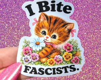 I Bite Fascists Cat Sticker 2x2.5