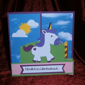 Geburtstagskarte Einladung Faltkarte mit 3D Effekt EINHORN auch als Weihnachtskarte möglich