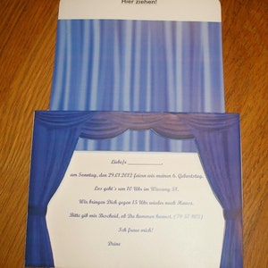 Invitation or greeting card curtain theater cinema musical RED or BLUE in 2 sizes image 5