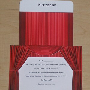 Invitation or greeting card curtain theater cinema musical RED or BLUE in 2 sizes image 3