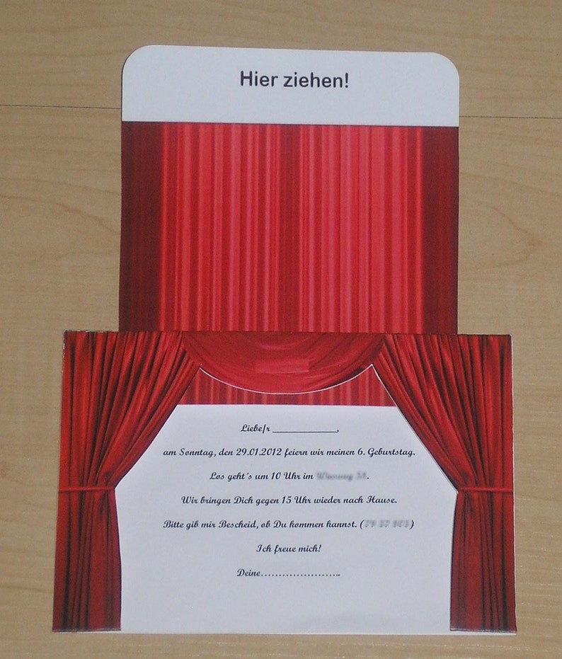 Invitation or greeting card curtain theater cinema musical RED or BLUE in 2 sizes image 3