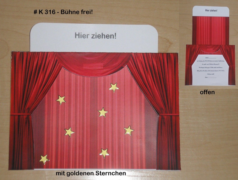 Invitation or greeting card curtain theater cinema musical RED or BLUE in 2 sizes image 2
