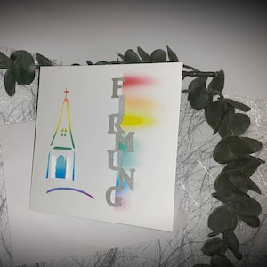 Einladung oder Karte zur Kommunion Konfirmation Firmung Kirche mit Regenbogen
