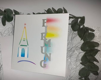 Einladung oder Karte zur Kommunion Konfirmation Firmung Kirche mit Regenbogen