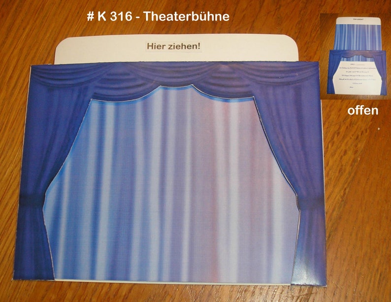 Invitation or greeting card curtain theater cinema musical RED or BLUE in 2 sizes image 4