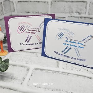 Glückwunschkarte  Schaukelpferd (K 768) zur Geburt (beere oder blau oder Wunschfarbe) INDUVIDUELLE Wortwahl und Name des Kindes