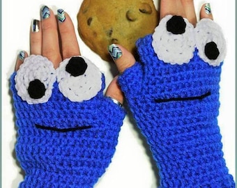 DIGITAL DOWNLOAD: Crochet Pattern for Cookie Monster Fingerless Gloves Mittens