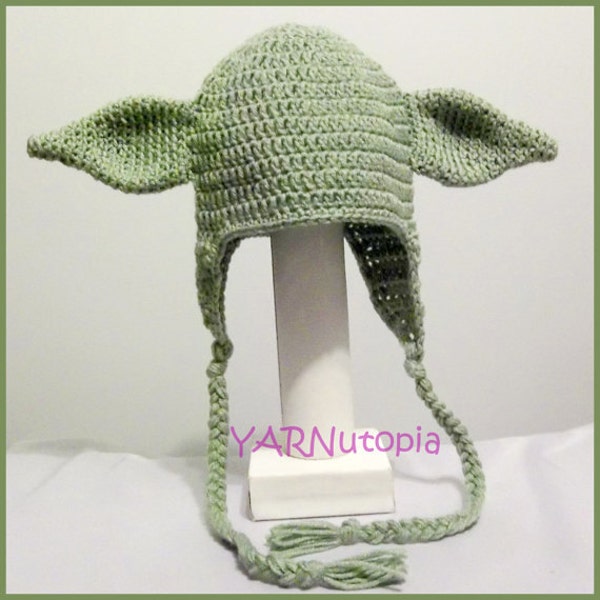 DIGITAL DOWNLOAD: Crochet PATTERN for Yoda Earflap Hat Size Infant to Large Adult 6 different Sizes