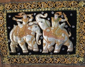 Vintage Tapestry War Elephant Burmese Sequin Beaded Embroidered velvet wall hanging