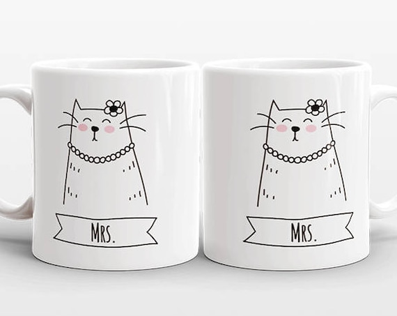 Cat LESBIAN Couple Mugs, Set of 2 MRS and MRS Mugs, Lesbian Wedding Gift, Engagement Gift Anniversary Gift, Lesbian Couple Gift, Coffee Mugs