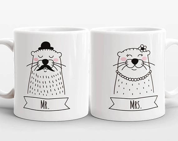 Set of 2 MR and MRS Mugs Set, Engagement Mug Set, Otter Mugs, Mr and Mrs Gift, Couple Mugs, Wedding Gift for Couple Gift, Animal Coffee Mugs