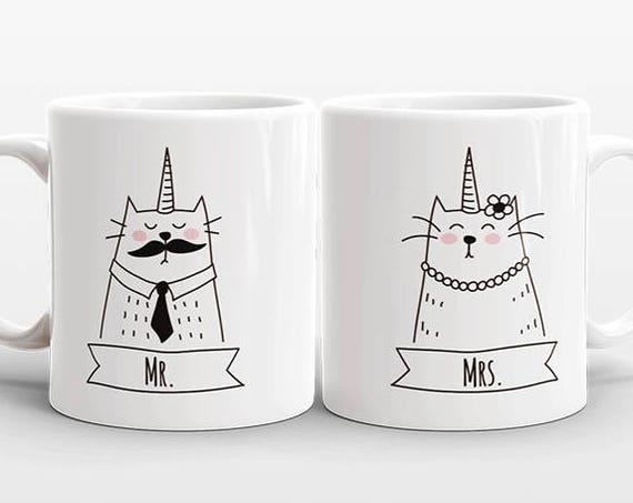 Set of 2 MR and MRS Mugs Set, Cat Unicorn Couple Mugs, Unique Mr and Mrs Gift, Couples Gift, Wedding Gift, Coffee Mugs, Animal Coffee Mugs