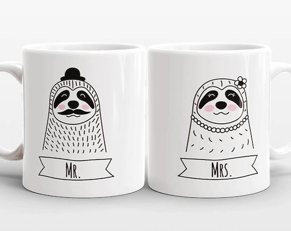 Set of 2 MR and MRS Mugs Set, Sloth Mugs, Mr and Mrs Gift, Couple Mugs, Wedding Gift for Couples Gift, Mr and Mrs Animal Mugs, Coffee Mugs