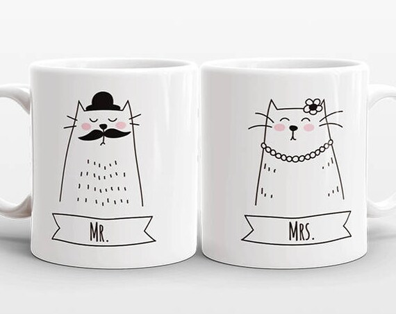 MR and MRS Mugs Set of 2 Two Personalized Gift Idea for Couple Mugs Wedding Gift for Couple Gift Engagement Gift Cat Mugs Animal Coffee Mugs
