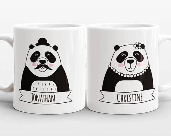 Set of 2 CUSTOM Mugs Set, Engagement Mug Set, Name Mugs, Panda Couple Mugs, Anniversary Gift for Men, Personalized Wedding Gift, Coffee Mugs