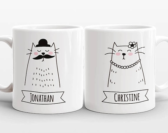 Set of 2 Personalized Mugs Cat Mugs Valentines Day Gift Idea for Couple Mugs Engagement Gift Anniversary Gift Wedding Gift Name Coffee Mugs