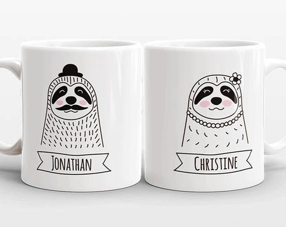Set of 2 CUSTOM Mugs Set, Name Mugs, Sloth Couple Mugs, Anniversary Gift for Men, Boyfriend Gift, Personalized Wedding Gift Set, Coffee Mugs