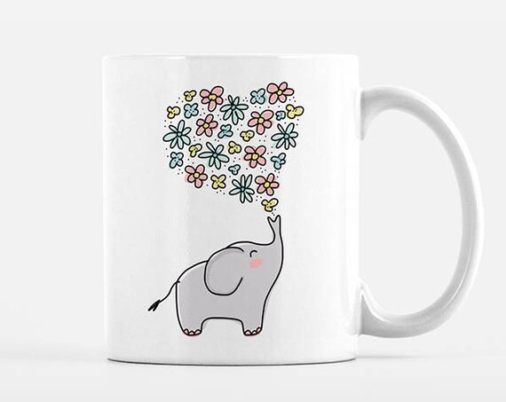 Elephant Mug, Elephant Coffee Mug, Elephant Gift Girlfriend Gift, Floral Mug, Heart Flowers Mug, Elephant Cup, Elephant Coffee Cup, Cute Mug