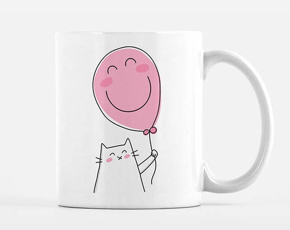 Cat Mug Cat Coffee Mug Fun Gift Pink Balloon Smile Mug Happy Mug Happy Gift Cute Gift for Her Fun Mug Cute Mug Cute Coffee Mug Coffee Cup