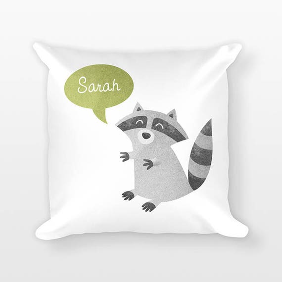 Personalized Pillow, Raccoon Pillow, Custom Name Pillow, Gift for Kids, Kids Room Decor, Woodland Animal Pillow, Decorative Throw Pillow