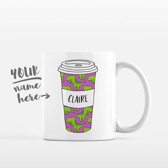 T-Rex Dinosaur Coffee Mug Pattern Tumbler Cup Drawing Personalized Mug Custom Coffee Cup Name Mug Personalized Gift for Kids Gift for Girl